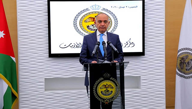 Minister of State for Media Affairs Amjad Adaileh speaks during a press briefing at the National Centre for Security and Crisis Management on Thursday (Petra photo)